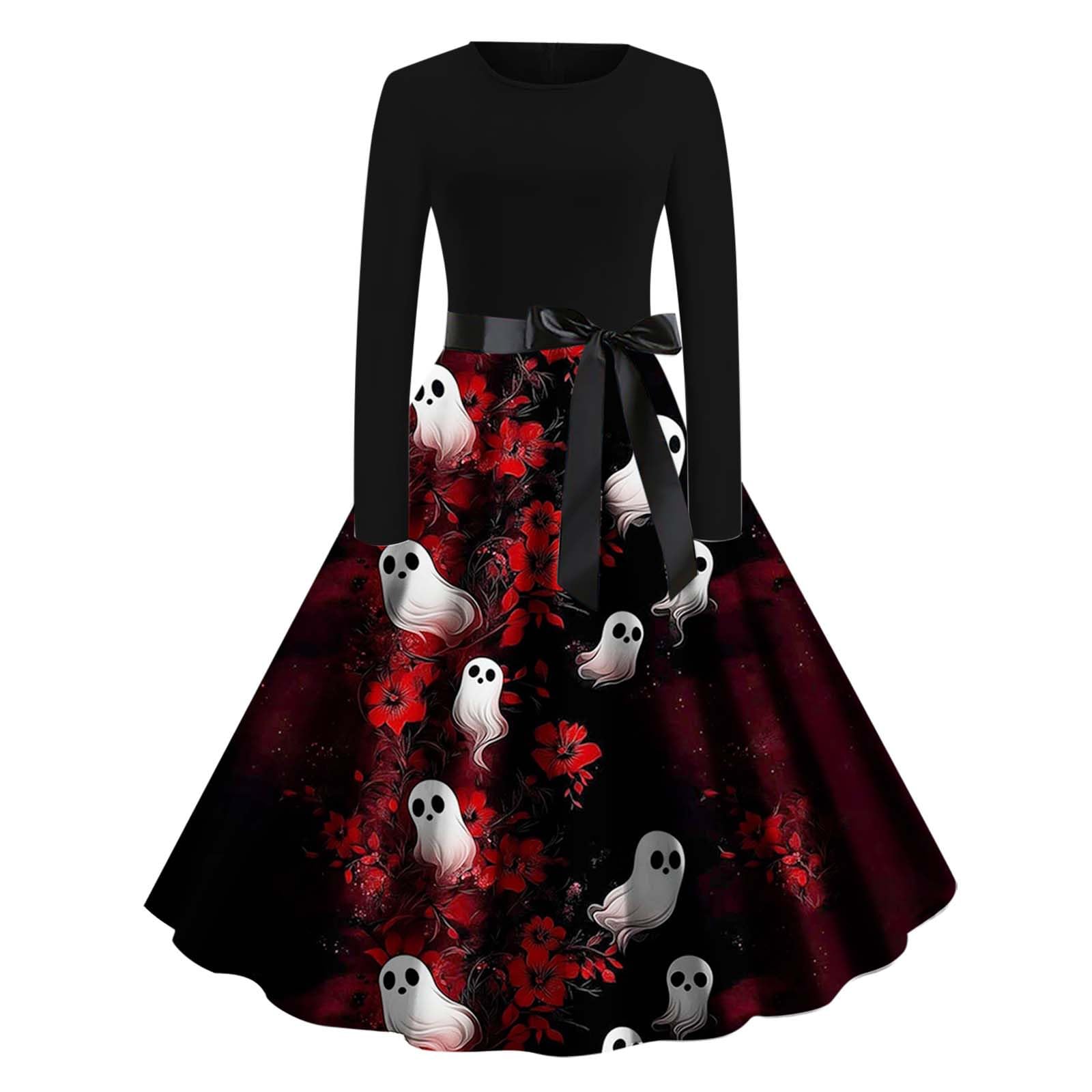 HAOLEI Halloween Costumes Adult Women, Ladies Halloween Dress Retro Pumpkin Skeleton Print Long Sleeve A Line Swing Dress Black Vintage Skull Witch Rockabilly Party Cocktail Novelty Dresses