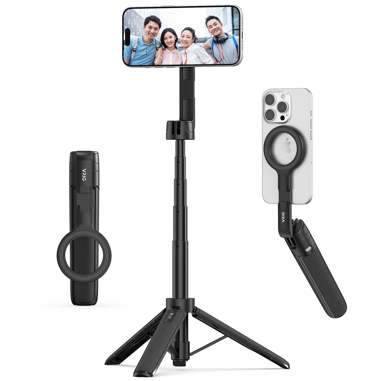 VRIG Magnetisches Selfie Stick Stativ für iPhone, TP-27 Einziehbares Handy Stativ mit Cold Shoe Kompatibel mit Mag Safe, iPhone 17, 16, 15, 14, 13, 12