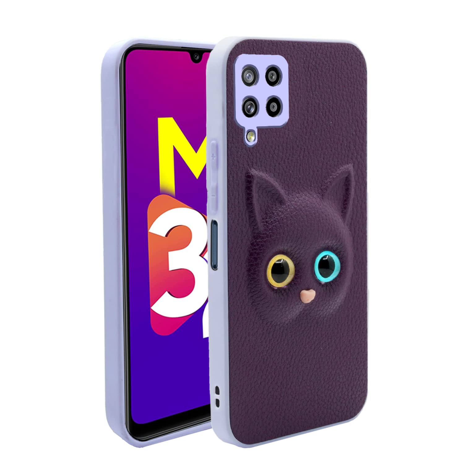 Pikkme Samsung Galaxy M32 Prime / M32 4G Back Cover for Girls | Cute Cat Leather Finish | Soft TPU | Case for Samsung Galaxy M32 Prime / M32 4G (Purple)