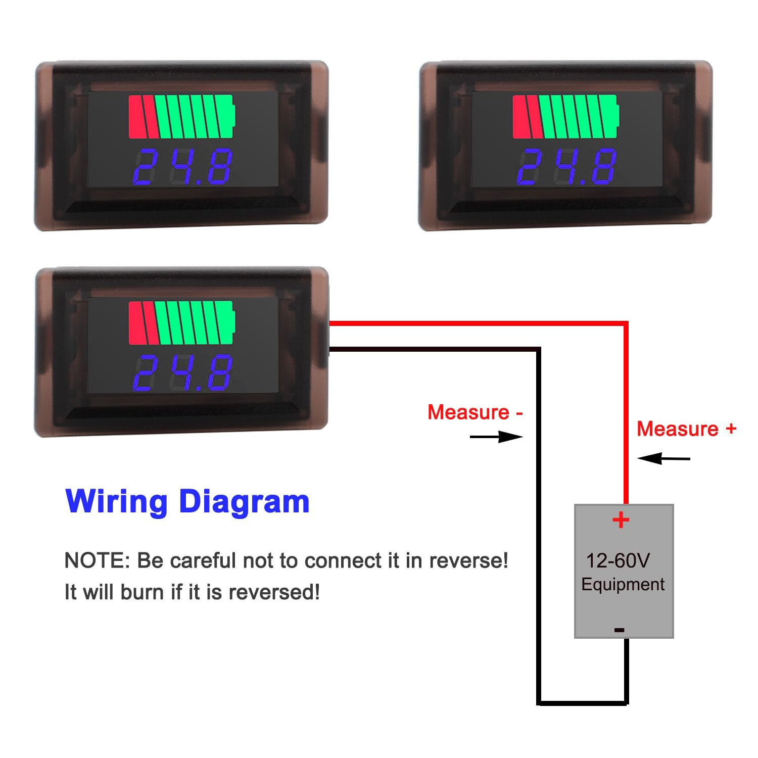 RUNCCI-YUN Indicatore di capacità della batteria, 2 Fil Voltmetro Digitale LED DC 12V 24V 36V 48V 60V Tester di capacità della batteria Blu (2PCS）