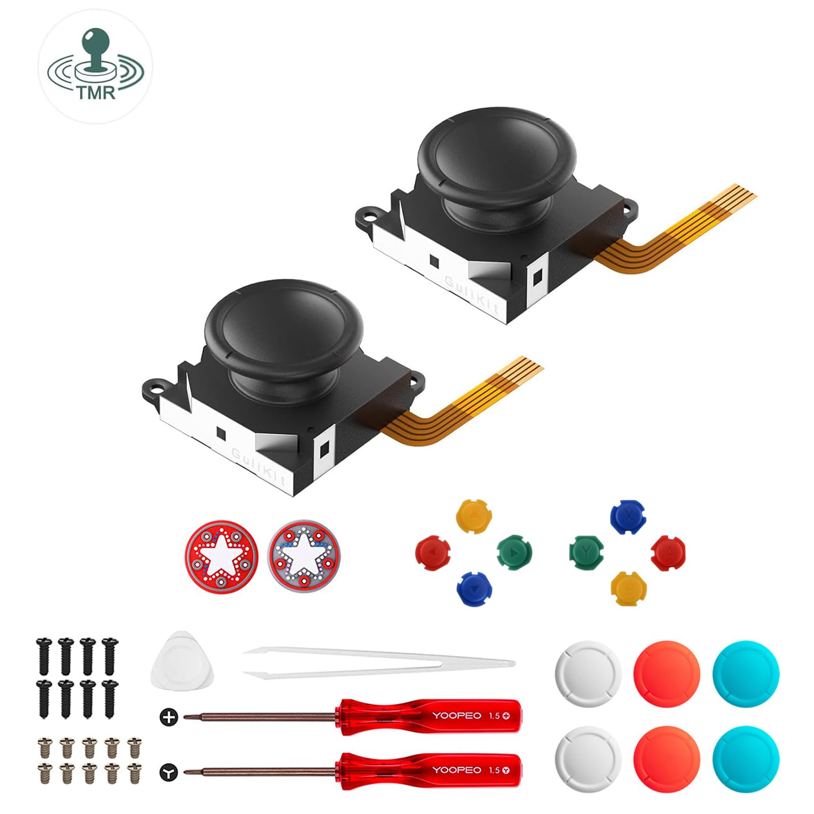 GuliKit TMR Joysticks Ersatzteile Kompatibel mit Nintendo Switch JoyCon, No Drift Stick Reparaturset für Joy Con, mit Reparaturwerkzeug, 4 Farben Joystick Kappen - 1 Paar