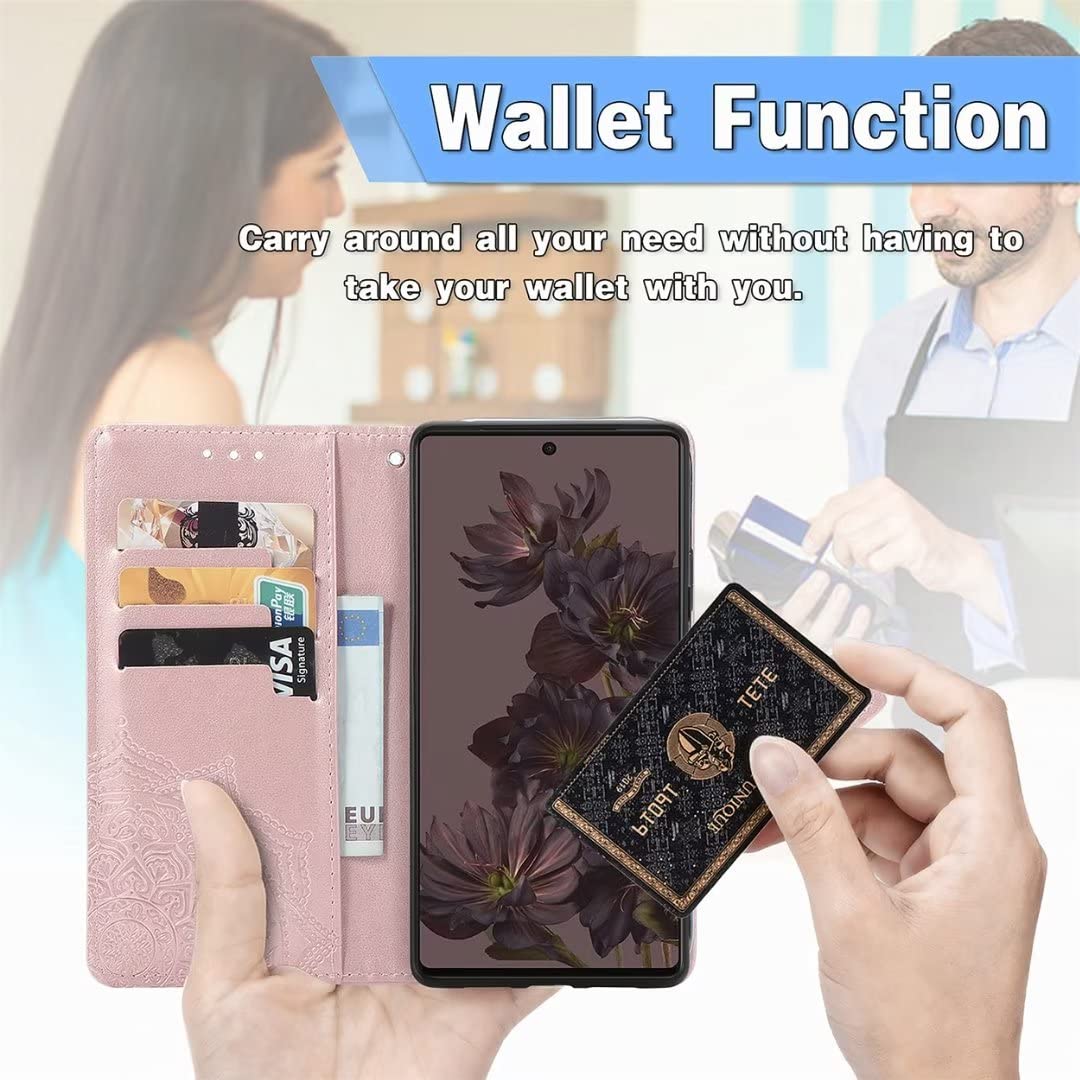 COMAKU Mandala Honor X7b Folio Case, Premium PU Leather Cover with Card & Cash Slots - Rose Gold - Image 3