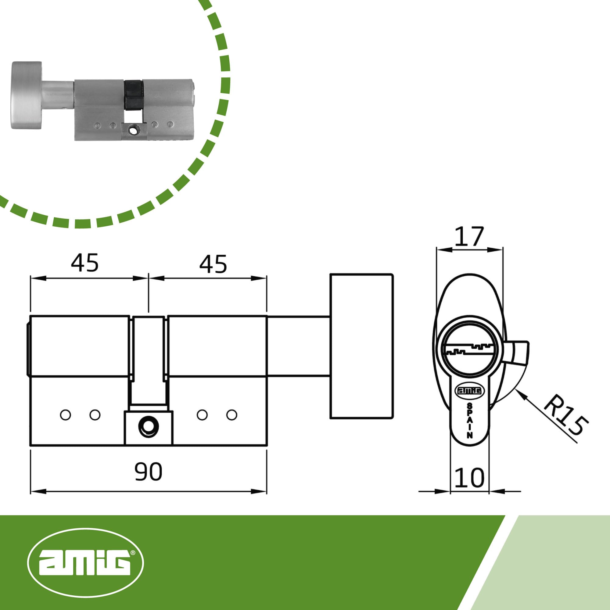 Amig - Cilindro di sicurezza con pomolo | Serratura per porte | Cilindro di Alta Sicurezza | Anti-picking e Anti-bumping | Include 5 chiavi | Cromato Satinato | Misure: 90 (45-45 mm)
