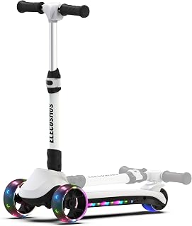 ELECOSMOS Safe Electric Scooter for Kids 4+, Balance for Beginner, Thumb Throttle, Flash Deck, Extra Wide Light Up Big Wheels, Adjustable Heights, 5 MPH Safe Speed