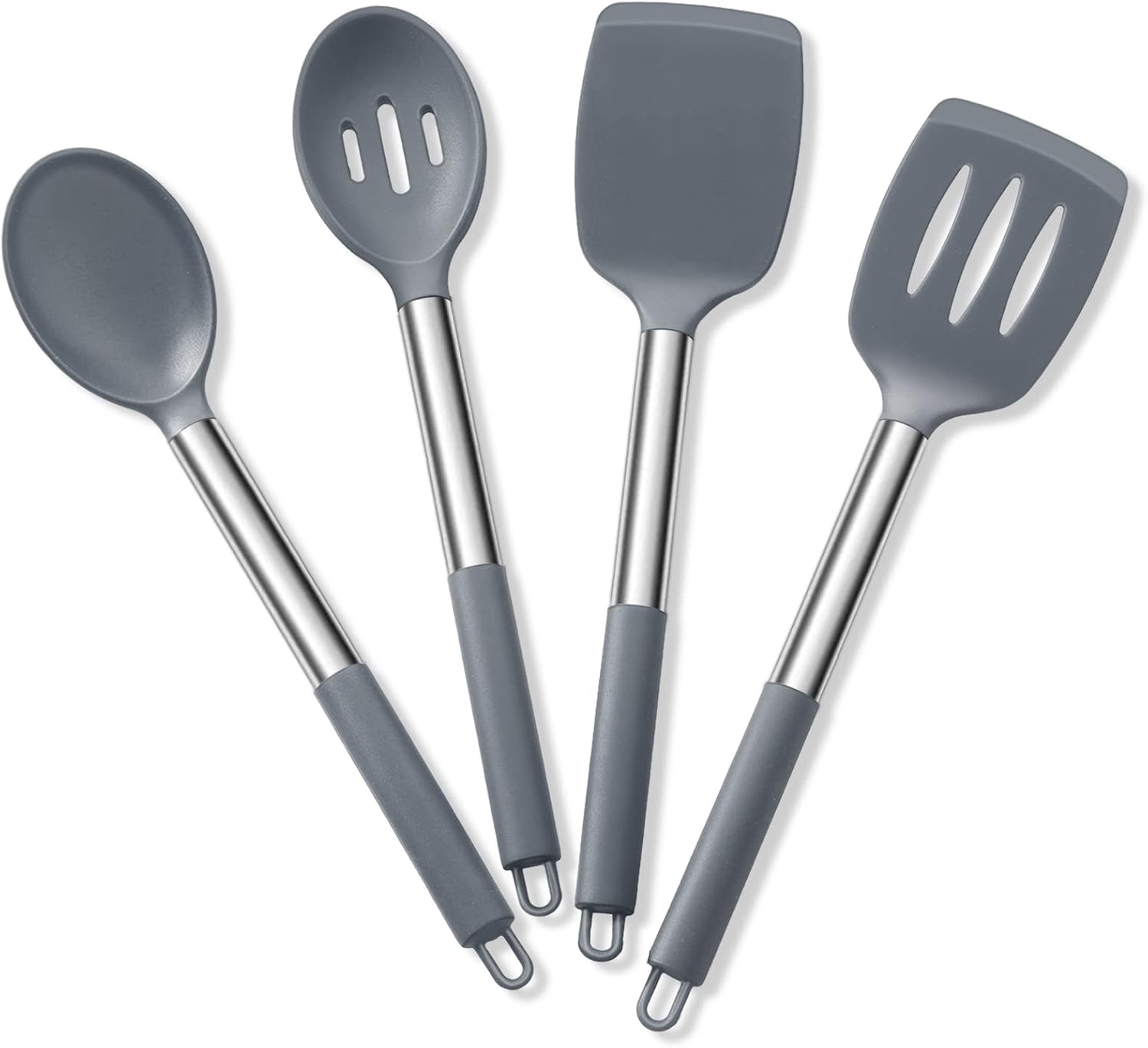 Cooking Utensils Set of 4, E-far Silicone Kitchen Utensils for Non-stick Cookware, Heat Resistant & Non-toxic Slotted Spatula Solid Spoon Turner for Flipping Mixing Serving Basting(Grey)