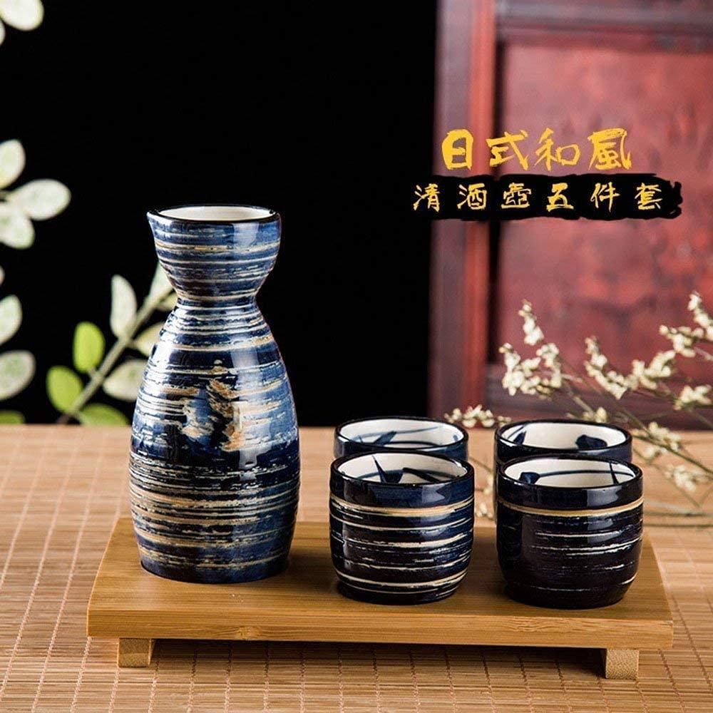 weining Sake Set, Japanese Sake Cup Set, Brushed Blue Traditional Hand-Painted Design, Porcelain Pottery Ceramic Cup Crafts 5 Pieces