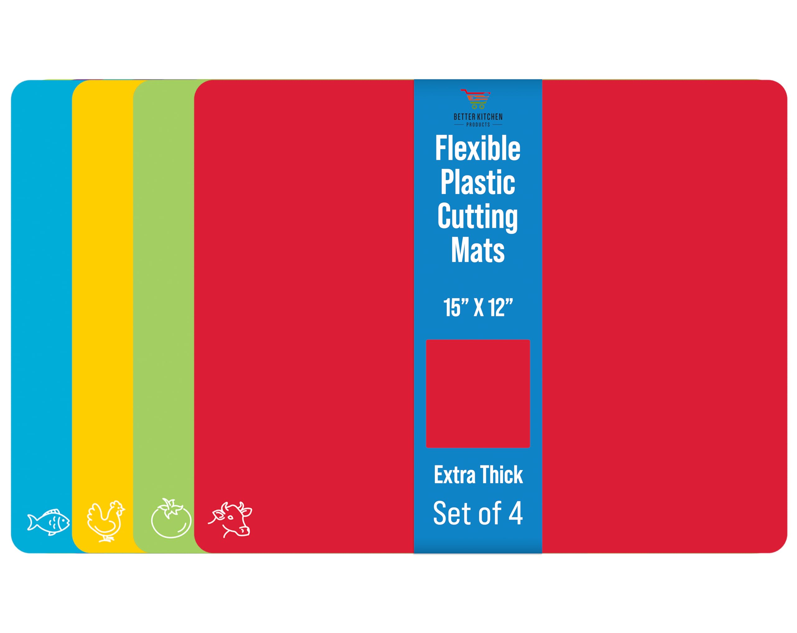 Better Kitchen Products Extra Thick Flexible Plastic Cutting Board Mats, Set of 4, Color Coded with Food Icons, Waffle Back Grip Underside