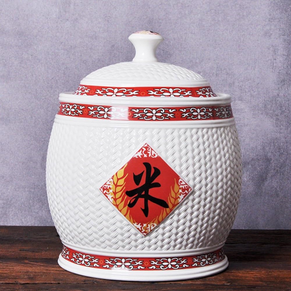SXYHCK Chinese Sealed Ceramic Rice Pot Ceramic Rice Bucket With Lid, Grain Storage Container Porcelain Food Dispenser For Snacks Candy Coffee Beans(Style C,10kg/22lbs)