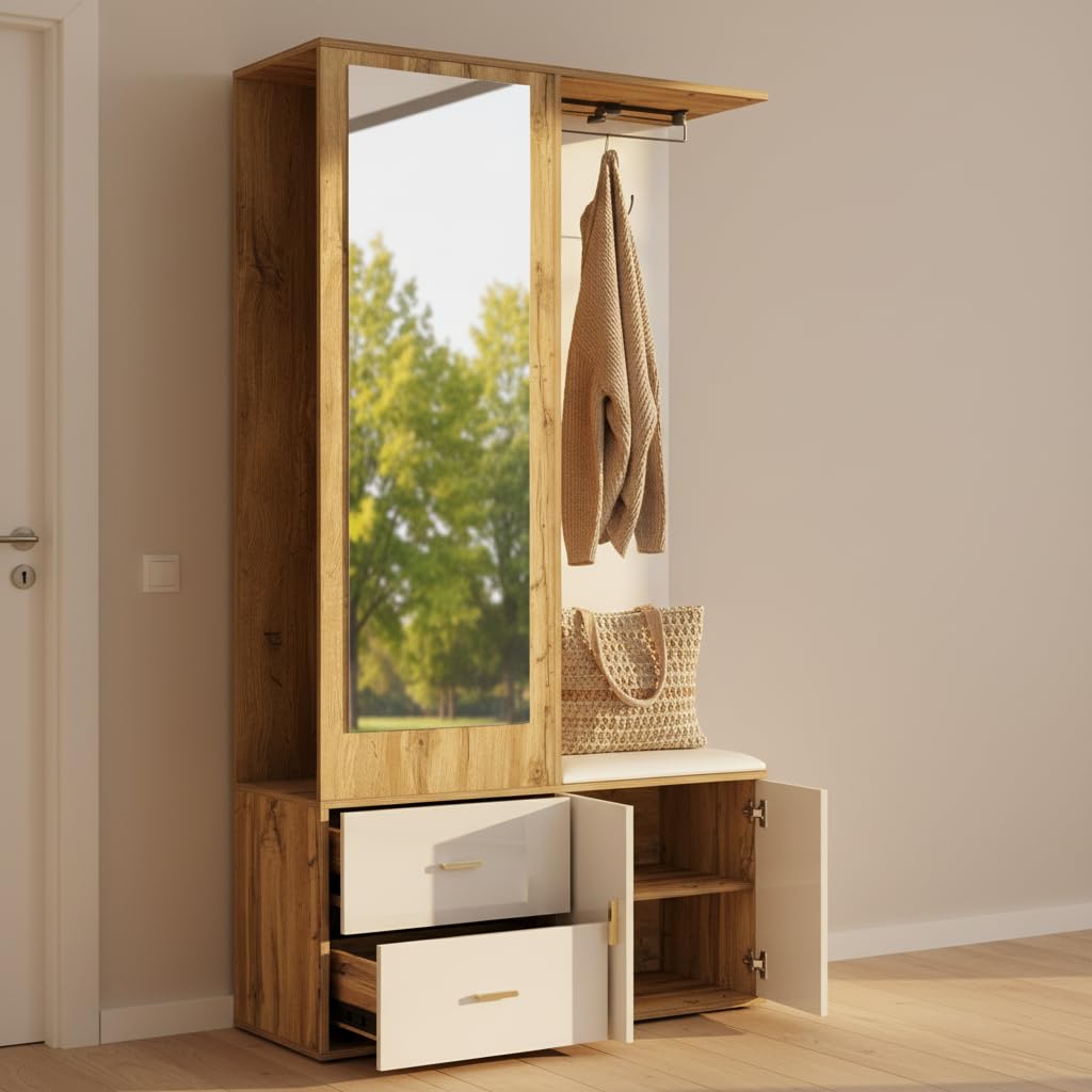 Ensemble d'armoire de Couloir - Miroir, Banc à Chaussures et Tringle à vêtements Extensible - Ensemble Moderne et Peu encombrant - en Bois Blanc