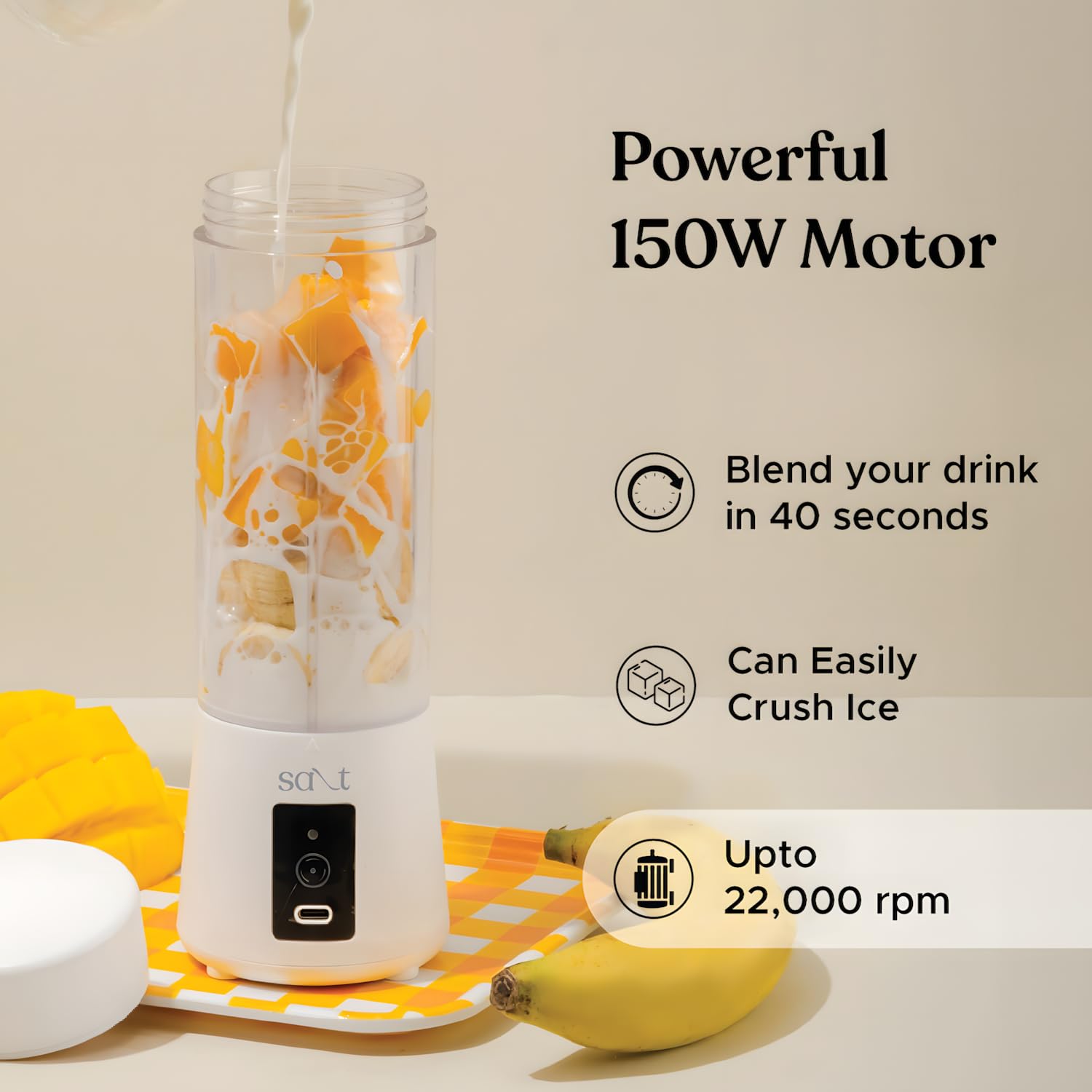 Salt PureBlend Classic Portable Blender for Smoothies, Protein Shakes, Crushing Ice | 2000 mAh Battery, USB-C Port | 150W Motor | 400ml (White) 2 61EdOLIPCiL. SL1500