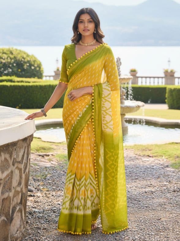 Image of Women's Linen Cotton Blend Saree Multicolor Ikat Brush Print Scalloped Border with Floral Print Unstitched Blouse Piece