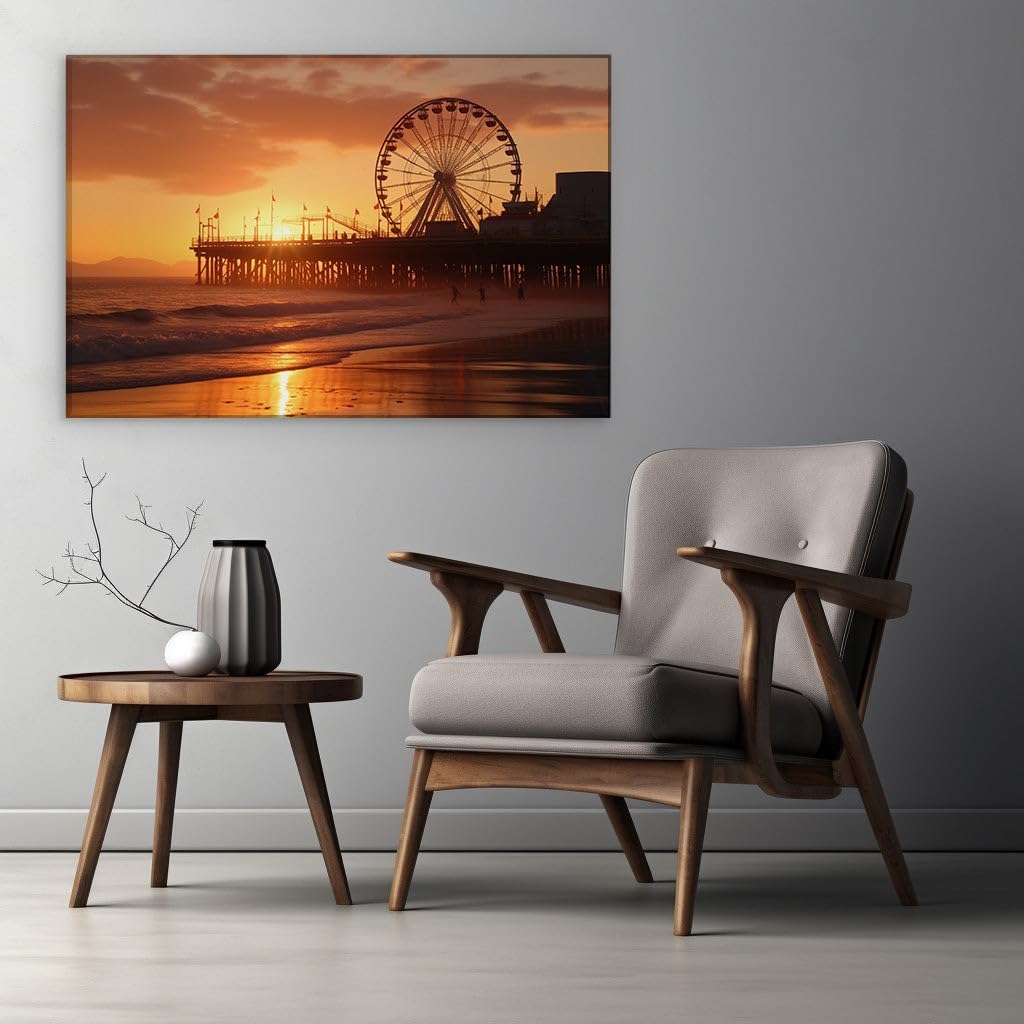 Canvas for Living room. Sunset Serenity: Ferris Wheel and Pier Dreams on a Coastal Canvas, 27 x 18 inch Canvas Wall Art - Contemporary Masterpieces - Modern Home Decor - 69x46 cm (27x18 inch)