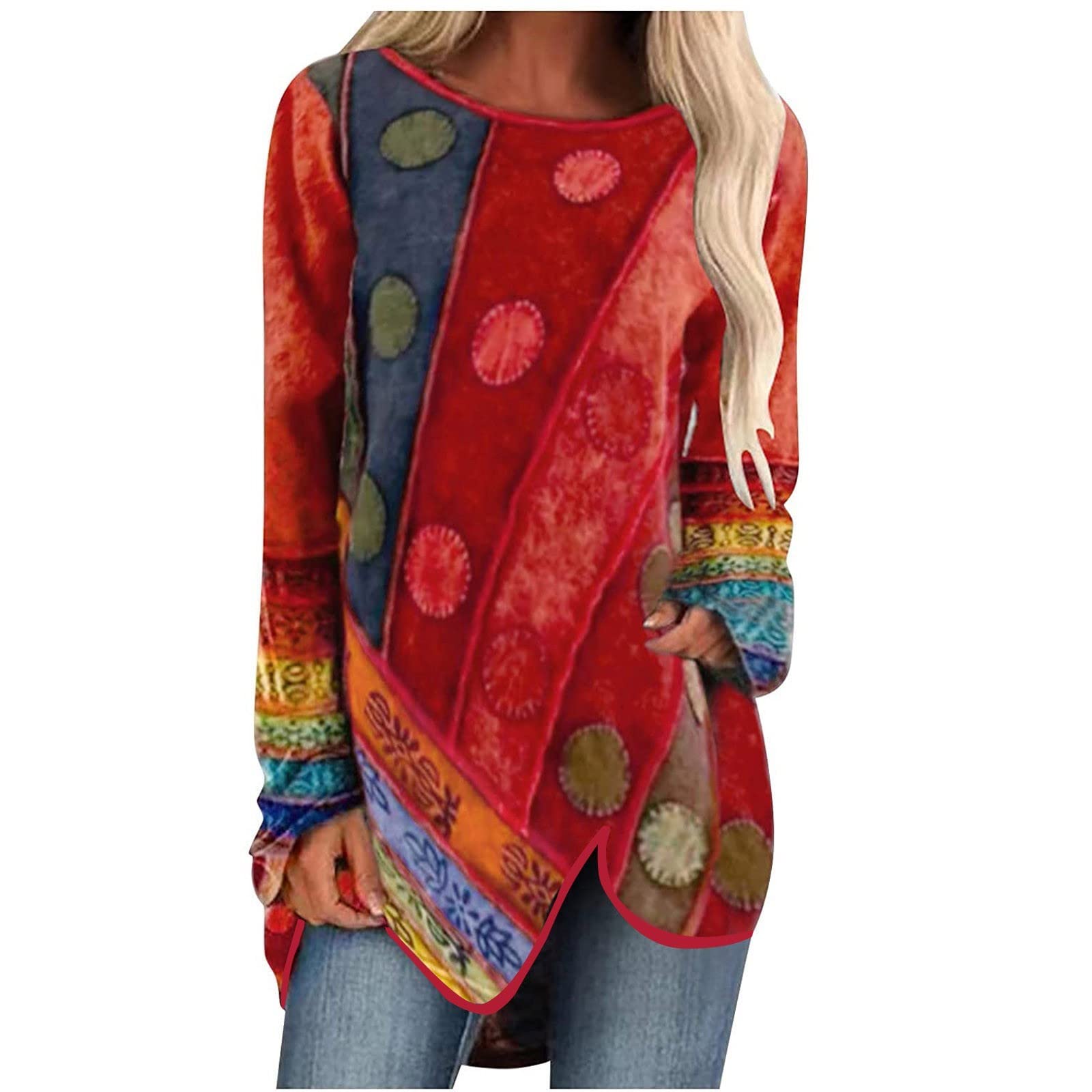 Camiseta Manga Larga Mujer 2023 Moda Vintage Impresión Floral Blusa Camisa Cuello Redondo Camiseta Suelto Tumblr Sudadera Tops Fiesta Casual T-Shirt Original Primavera Verano tee Basic Jersey