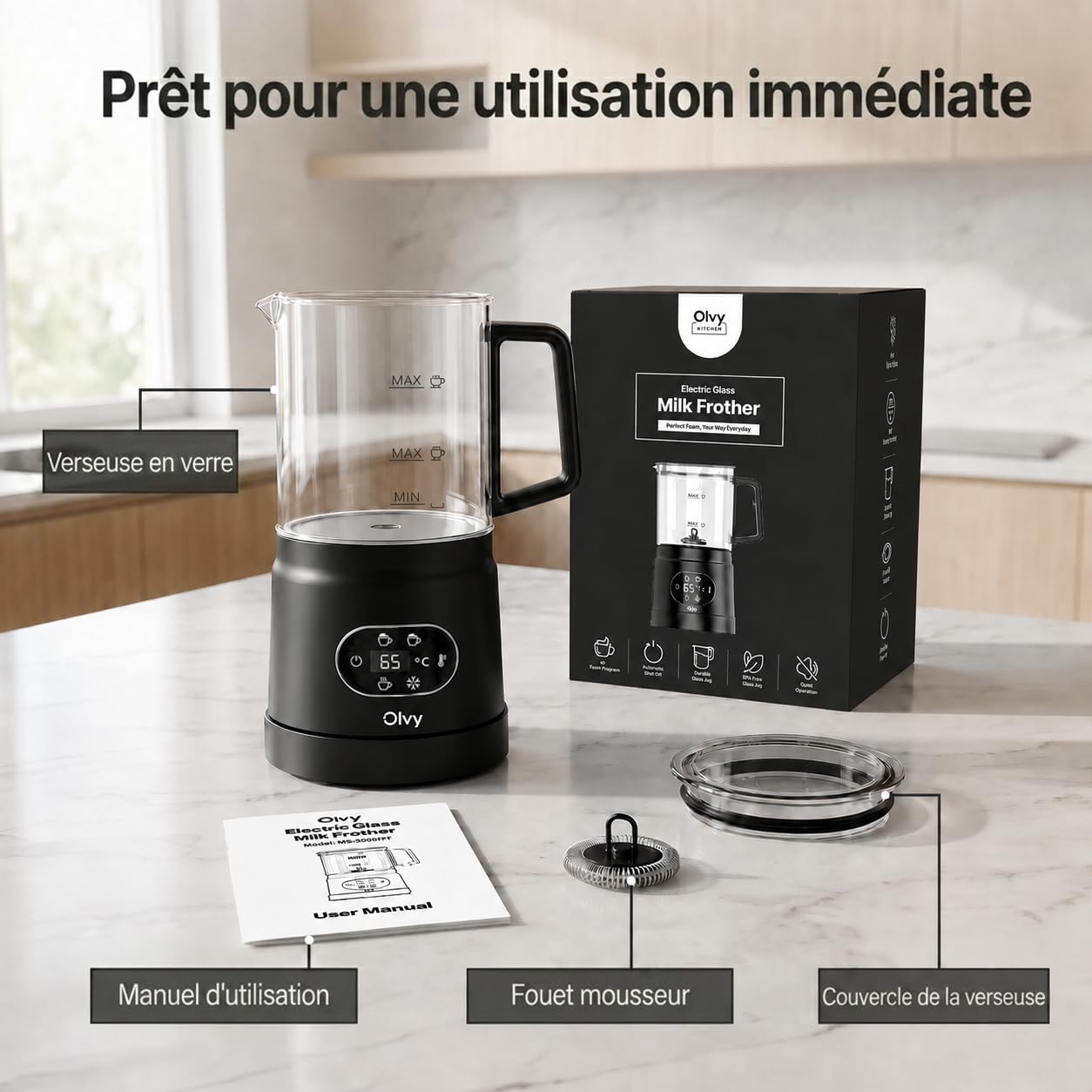 Olvy Mousseur Lait Electrique Chauffe Emulsionneur 3en1