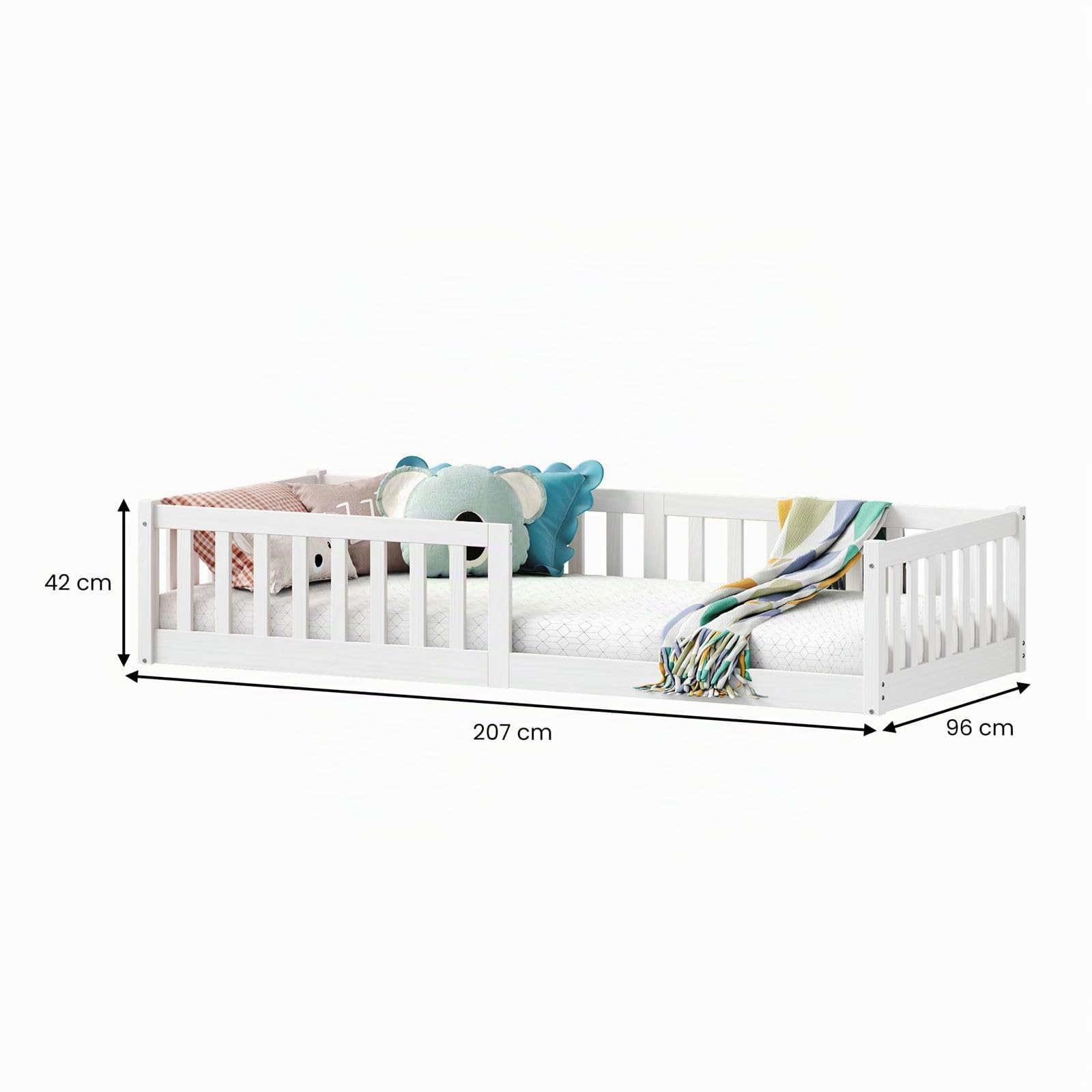 IDIMEX Bodenbett Gustavo mit Rausfallschutz Kiefer Massiv - weiß 90 x 200 cm Bodenbett mit Rausfallschutz Montessori-Kinderbett