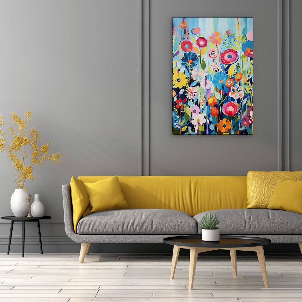 Canvas for Living room. A Tapestry of Blossoms: A Vivid Dance of Colors in a Floral Field Painting, 27 x 18 inch Canvas Wall Art - Contemporary Masterpieces - Botanical Home Decor