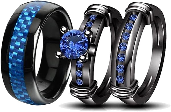 Couple Rings Black Men Stainless Steel Matching Band Women Black Gold Filled Blue CZ Engagement Wedding Sets