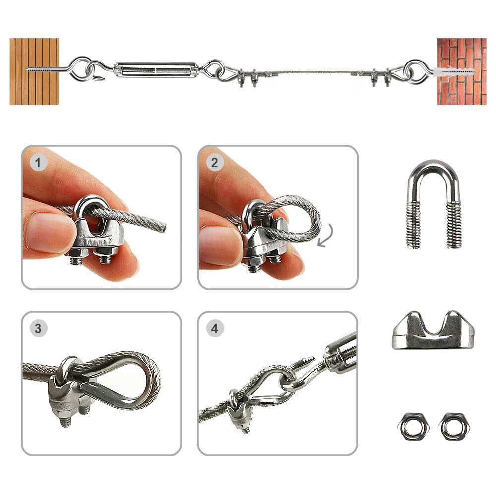 Kits de Câble en Acier Inox, 20m Câble Acier Galvanisé, Kit de Câble Métallique avce Tendeur Oeil-crochet M5, Attaches pour Câbles Métalliques, Manchons de Sertissage, Pitons Fermé, Cosse Coeur