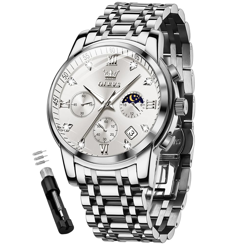 OLEVS Watch for Men, Fashion Dress Mens Watches, Stainless Steel Waterproof Analog Quartz Wristwatch, Elegant Gifts for Him - Dad & Boyfriend