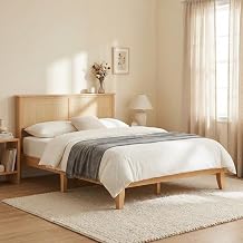 Full Rattan Headboard Boho Cane Platform Bed Frame with LED Lights, Wood Foundation, Wood Slat Support No Box Spring Needed, Noise-Free, Under Bed Storage Headboard Shelf, Natural