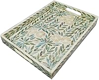I-lan Handmade Mother of Pearl Rectangular Serving Tray - Lacquer Wood Decorative Tray with Handles, 35x25cm