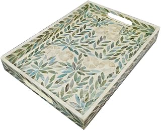 I-lan Handmade Mother of Pearl Rectangular Serving Tray - Lacquer Wood Decorative Tray with Handles, 35x25cm