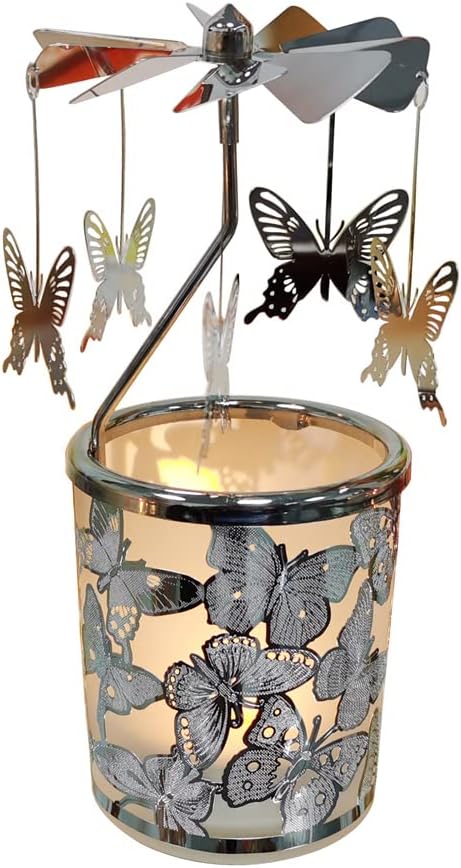 kingneroButterfly Lantern Carousel, Glass Tea Light Holder Carousel, Rotating Candle Holder Windmill Candle Family and Friends (Silver Butterfly)