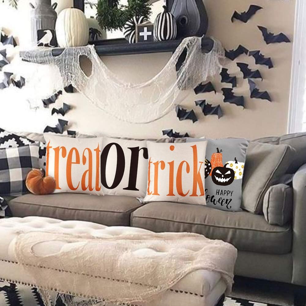 CDWERD Trick or Treat Pumpkin Halloween Throw Pillow Covers Cotton Linen Decorative Pillowcases Cushion Case for Couch Patio Set of 4, 18x18 Inch