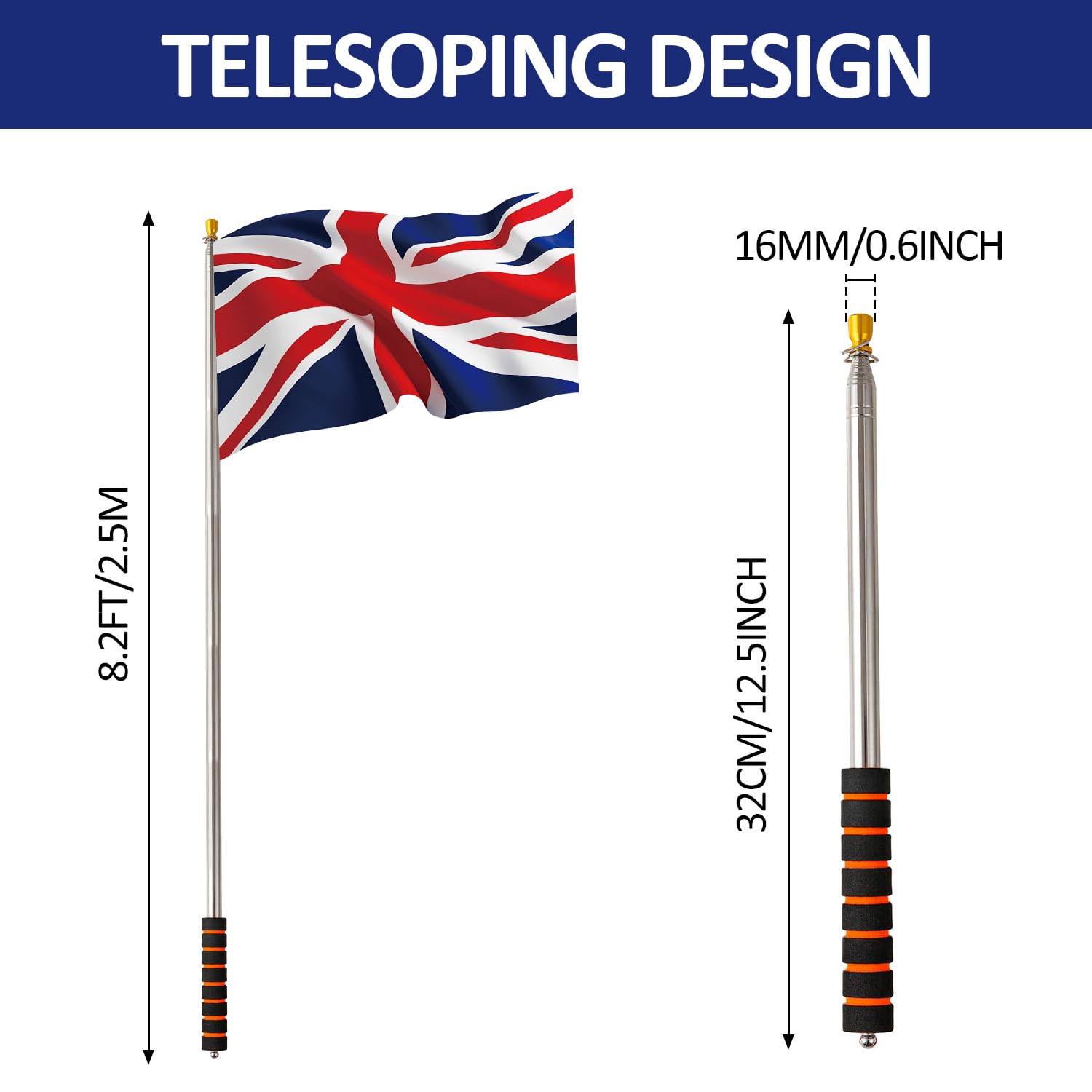 Cipszoely 8.2FT Telescopic Flag Pole Portable Handheld Flag Poles with Clips Stainless Steel Extendable Flag Pole with Anti-Slip Grip for Tour Guide Teaching Festival Parade - Image 2