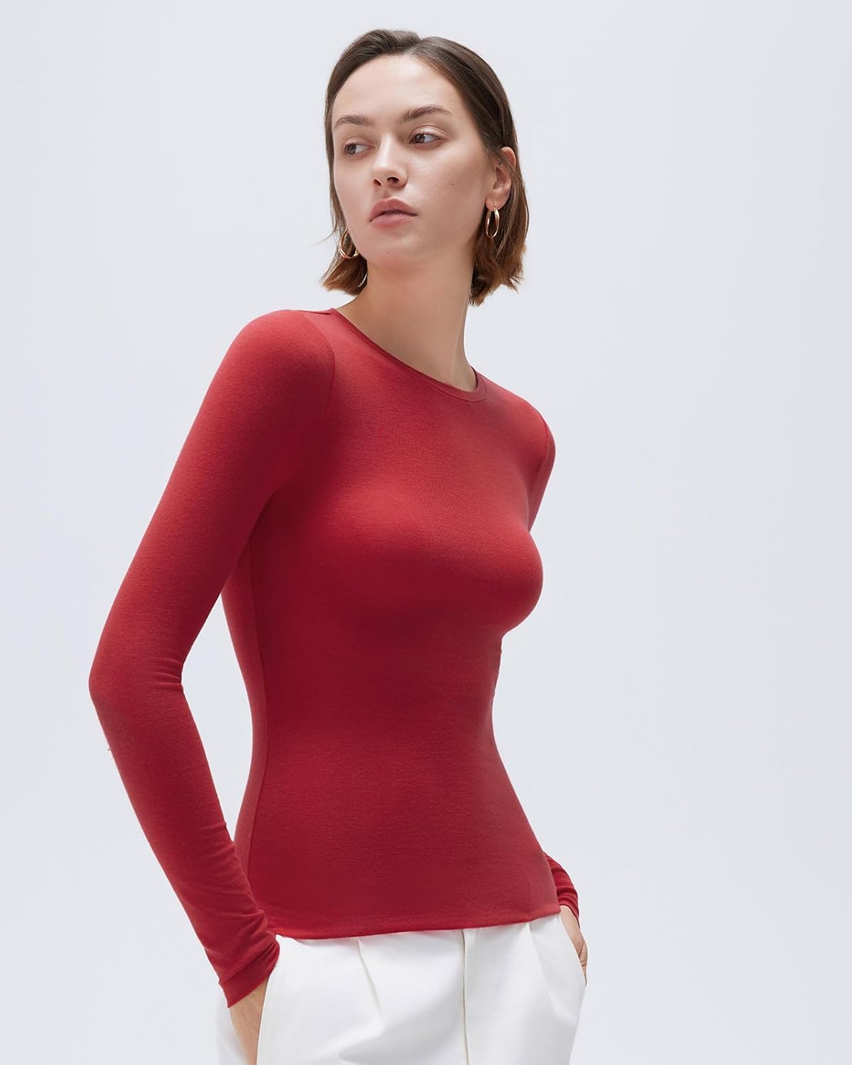 SUUKSESS Cloud Cashmere Women Crew Neck Fitted Long Sleeve Shirt Basic Knit Tops - Image 2