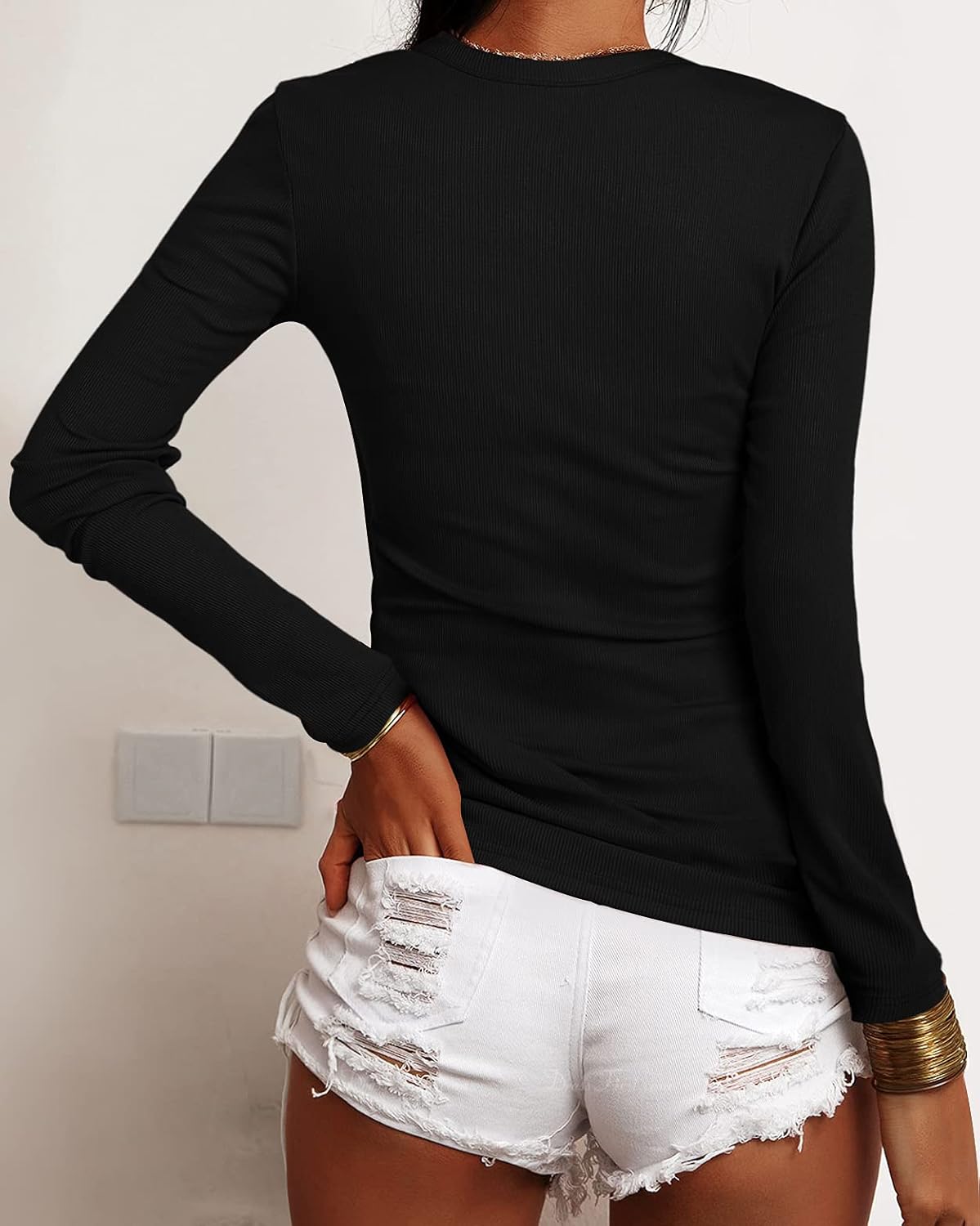 Jauoop Womens V Neck Ribbed Tunic Tops Long Sleeve Low Cut Button Down Henley Shirts