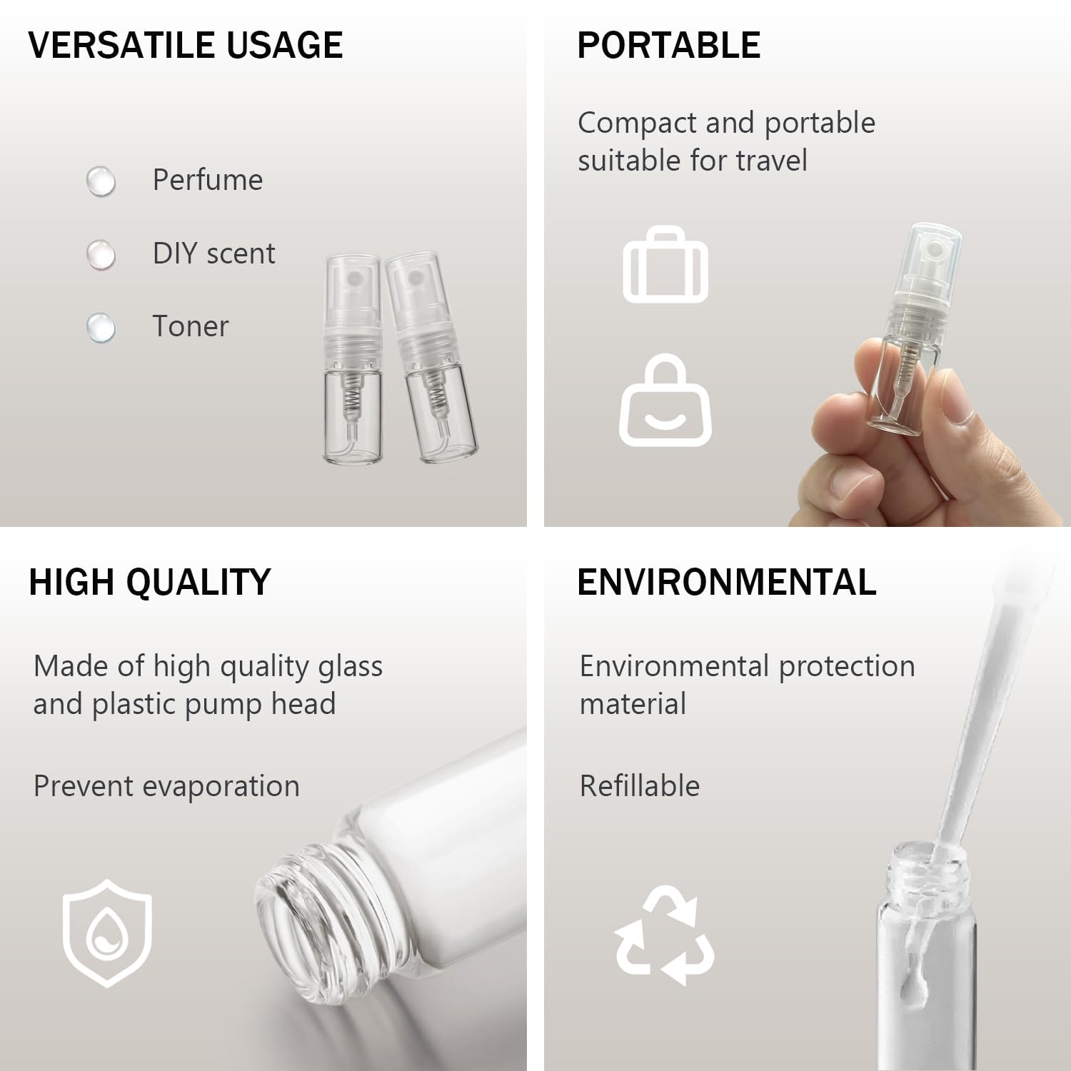 Mini-Zerstäuber, transparent, 2 ml, 5/8 Dram, feiner Nebel, Glasflasche, Spray, nachfüllbar, Parfüm, leere Probeflasche, Reinigungstuch für Reisen, Party, inklusive 3 ml Pipette, 10 Stück