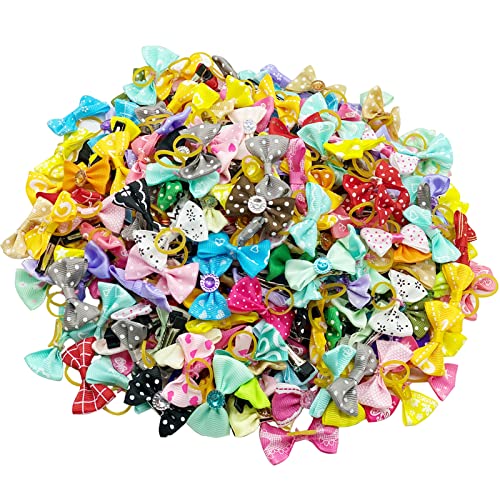 DORUI Hundehaarschleifen, 100 Stück Metallclip & Gummibänder, zufällige Haustierschleifen, Hundeschleife, niedliche Topknoten-Schleifen für Haustierpflege, Haarzubehör (100 Stück) Cover