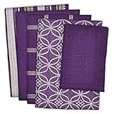 DII Assorted Pattern Kitchen Dishtowels and Dishcloth, 18x28' & 13x13', Eggplant, 5 Piece
