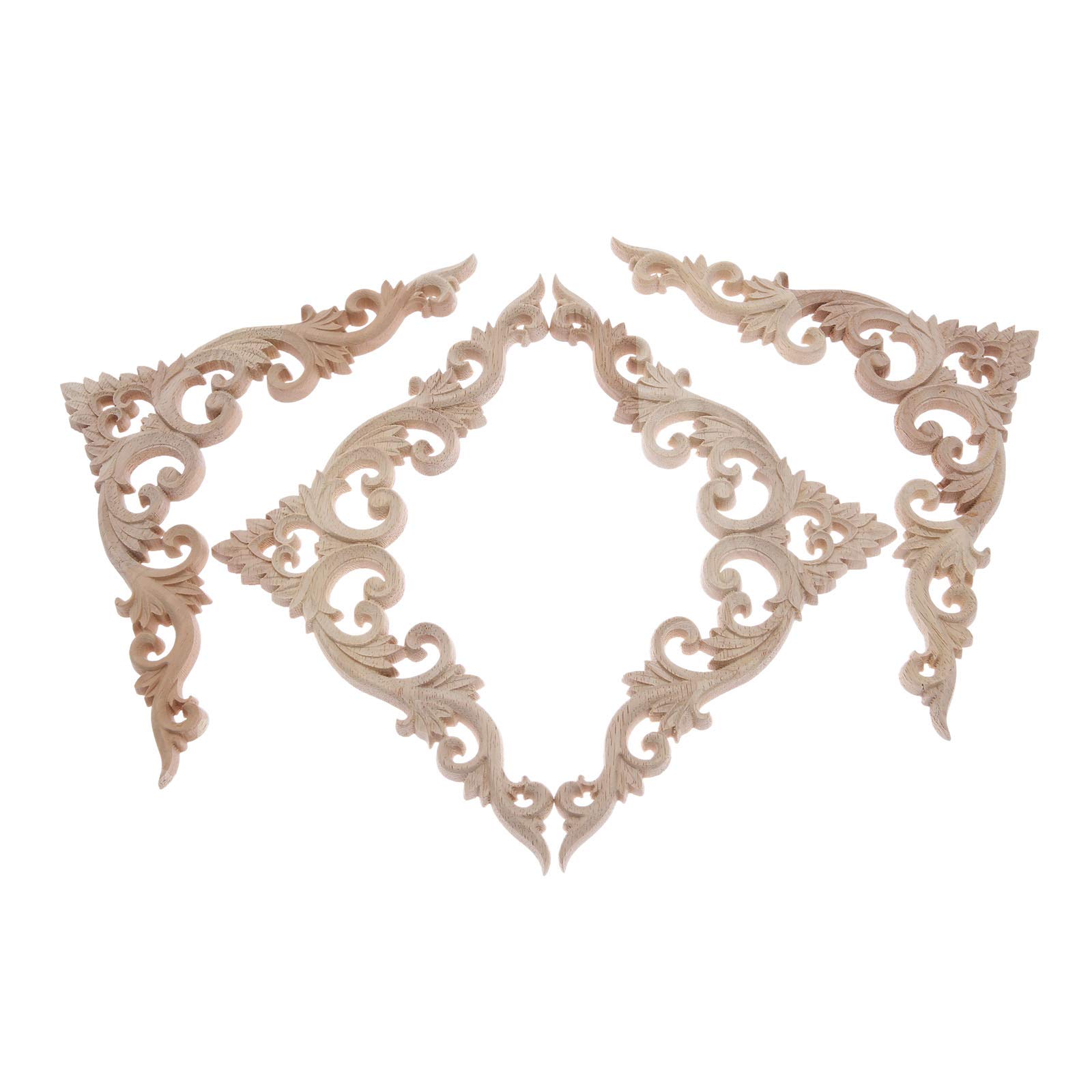 MUXSAM Wood Appliques Decorative Wood Onlays for Furniture, 4Pcs Unpainted DIY Retro Wooden Corner Carving Decals for Door Fireplace Dresser Cabinet Mirror Bed Mantel Decor, 20x20cm/7.87