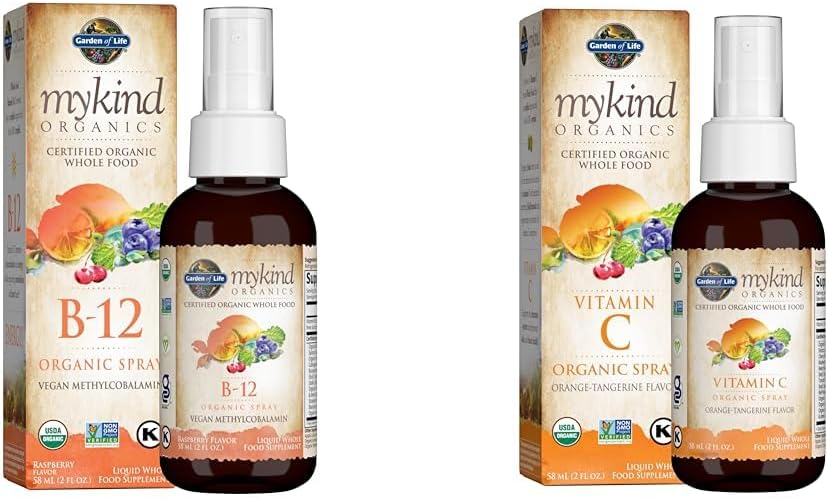 Garden of Life Organics B12 Vitamin - Whole Food B-12 for Metabolism and Energy & Organics Vitamin C for Kids and Adults, Organic Vitamin C Spray for Skin Health
