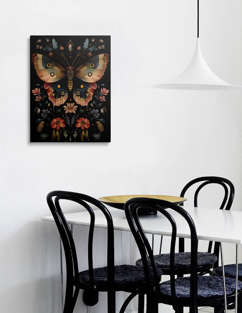 Framed Vintage Dark Gothic Butterfly Floral Botanical Bathroom Canvas Wall Art, Retro Plant Flower Animal Print for Living Room Home Decor Ready to Hang (12"x16")