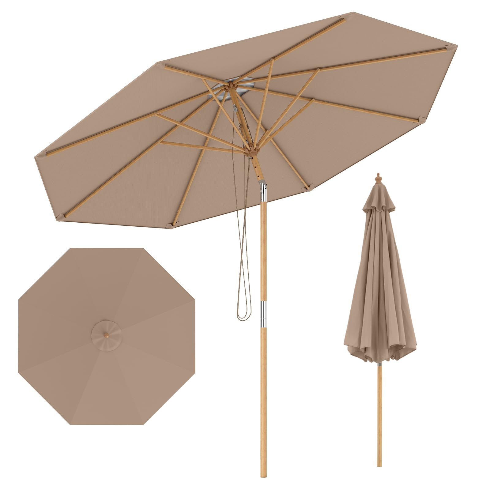 KOMFOTTEU Ombrellone da Giardino Rotondo da 270 cm, Inclinazione e Altezza Regolabile, Ombrellone da Esterno con Struttura in Bambù, 8 Stecche, Anti UV, per Balcone, Terrazzo, Spiaggia