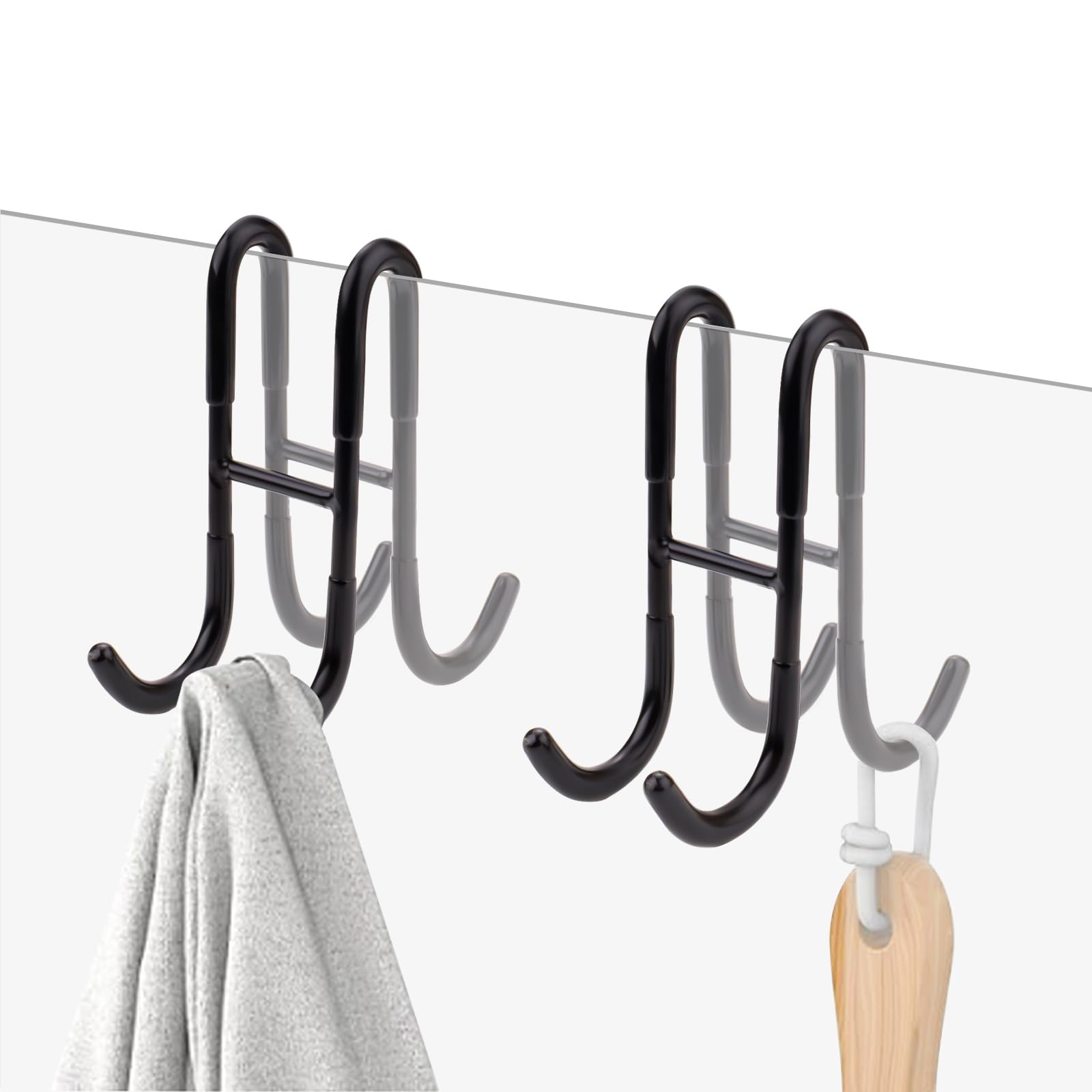 Modixun Black 2 Pack Double-Sided Towel Hooks For Shower Door, Over Bathroom Frameless Glass Door Rack Hooks For Loofah Robe Shaver, 304 Stainless Steel,