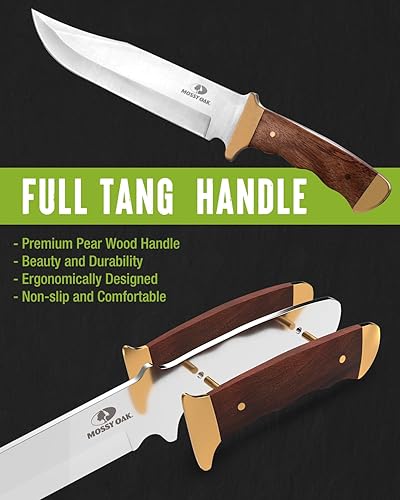Miniatura 5 de Mossy Oak Cuchillo Bowie de 14 pulgadas, hoja fija de espiga completa, cuchillo de caza con mango de madera con funda de cuero para campamento