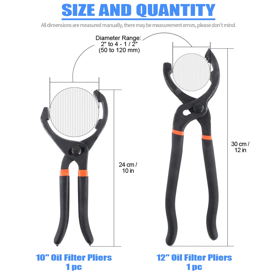 Image secondaire de GLARKS Lot de 2 pinces à filtre à huile de 25,4 cm et 30,5 cm de long, angle réglable, clé à filtre à huile pour voiture, moto et camion