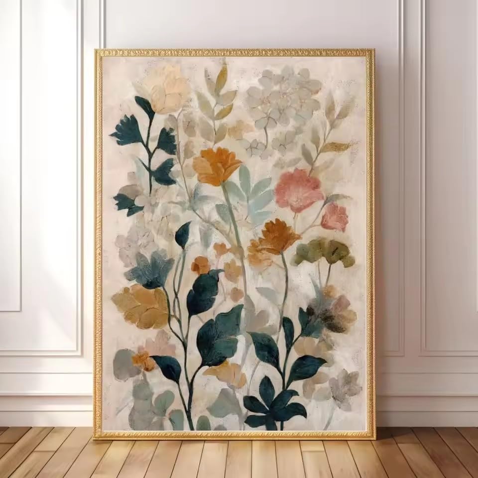 Motifs floraux aux tons naturels sur grand tableau mural élégant