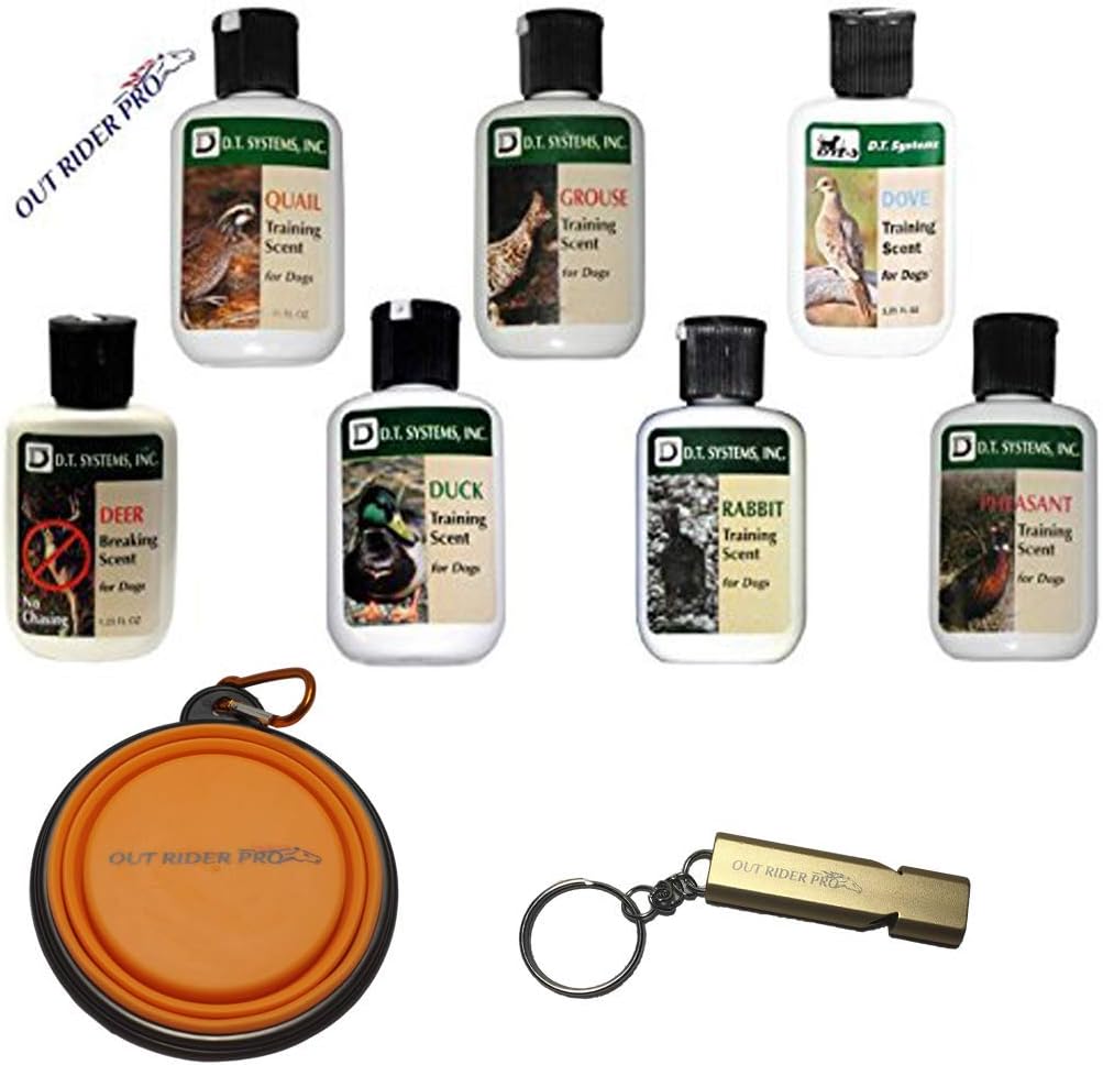 D.T. Systems Training Scent for Pets, 1-1/4-Ounce All 7 Flavors with Free Out Rider Pro Premium Water Bowl Silicone (Portable) Collapsible for Traveling and Hunting and Premium Golden Whistle 120DB