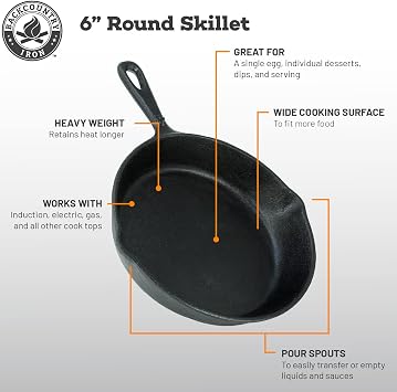 Backcountry Cast Iron Skillet(6 Inch Small Frying Pan + Cloth Handle Mitt, Pre-Seasoned for Non-Stick Like Surface, Cookware Oven / Broiler / Grill Safe, Kitchen Deep Fryer, Restaurant Chef Quality)