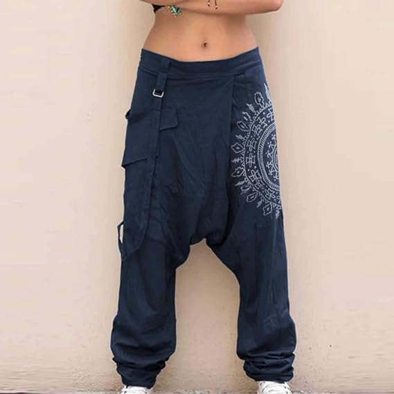 Mens Cotton Baggy Hippie Boho Gypsy Aladdin Yoga Harem Pants Casual Drop Crotch Trouser Elastic Waisted Yoga