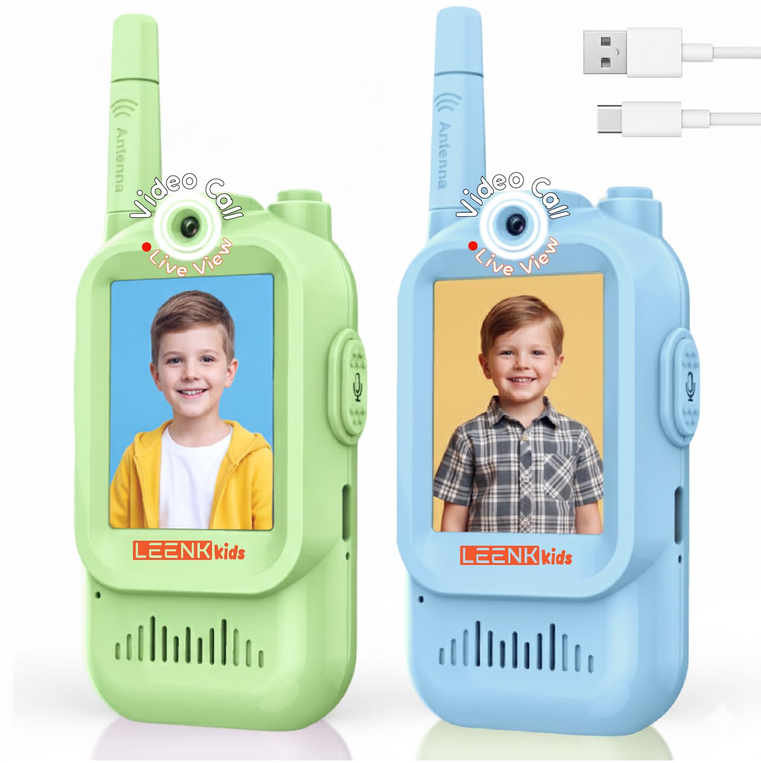 LEENK Kids Video Walkie Talkies 2 Pack, Rechargeable Video Intercom Handheld, Indoor & Outdoor Range, Easy Use for Ages 3-12
