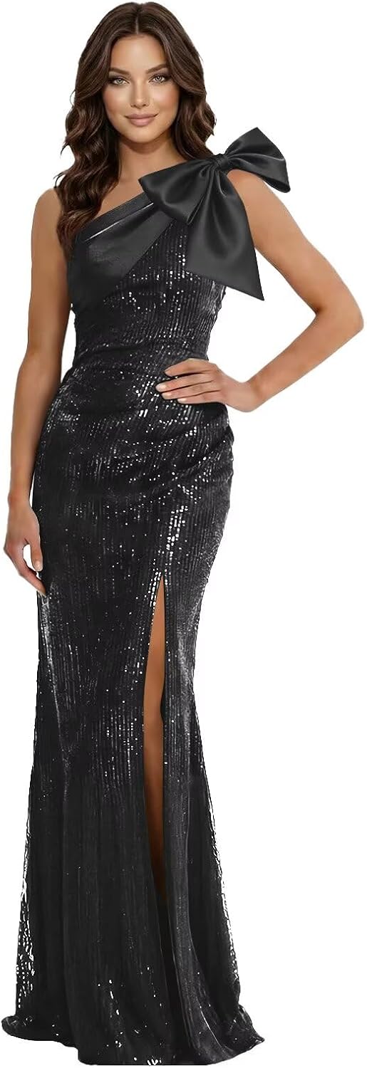 One Shoulder Bow Prom Dresses Ball Gowns 2026 Long Mermaid Sparkly Sequin Formal Evening Gowns with Slit L06006