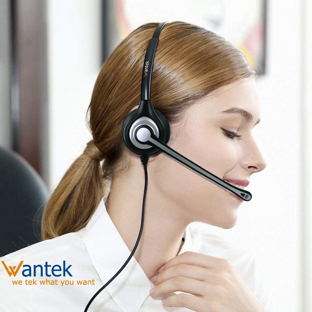 Wantek Casque de téléphone Portable avec Micro antibruit et Commandes d'appel, Casque d'ordinateur 3,5 mm pour iPhone, PC, Entreprise, Skype, Softphone, Centre d'appel, Bureau
