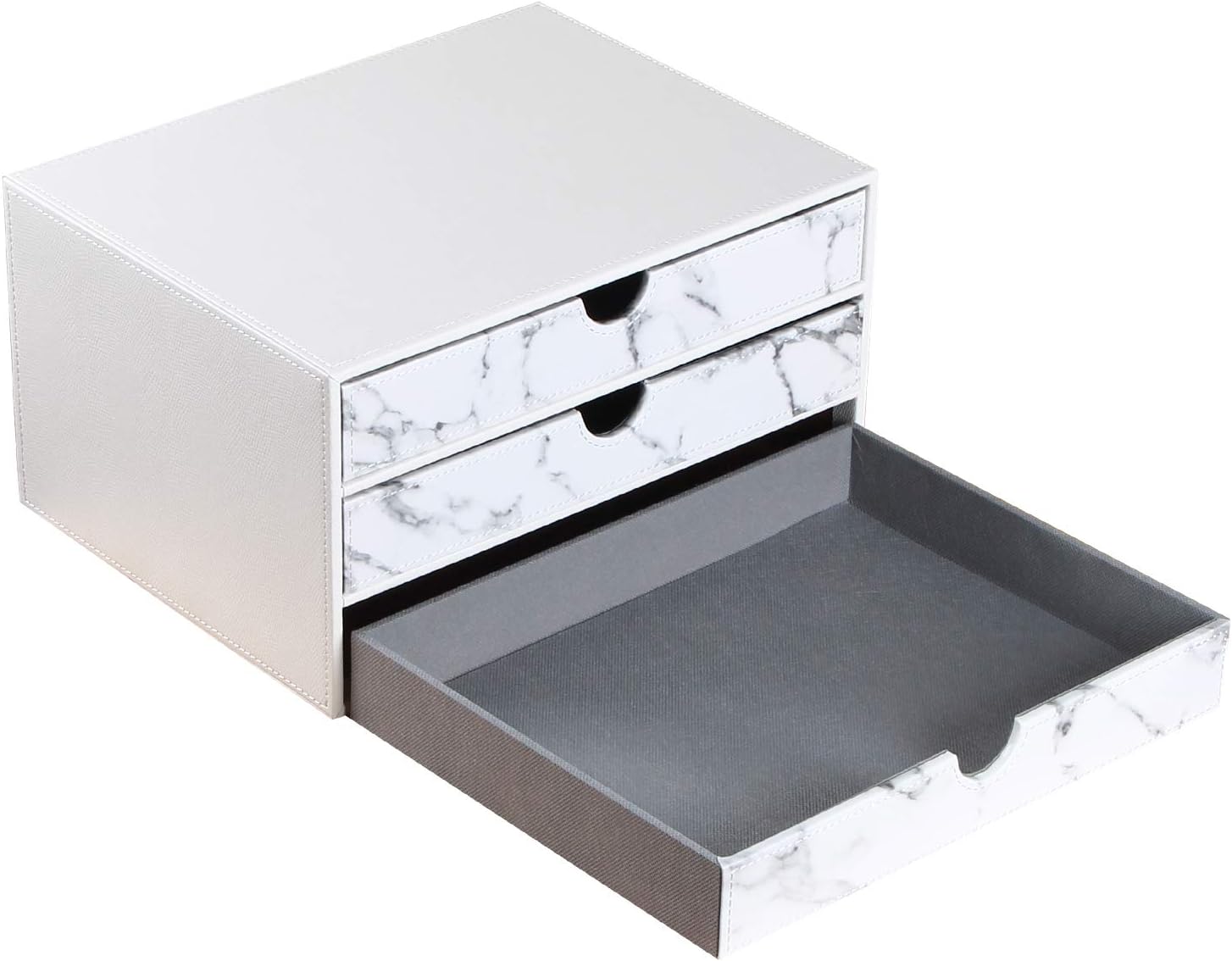 3-Drawer Leather Desk Organizer with A4 File Holder-Stackable Modular Storage Box for Office Supplies,Files,Bills & Jewelry-Space-Saving Design for Home Office,Desk & Workspace(White)