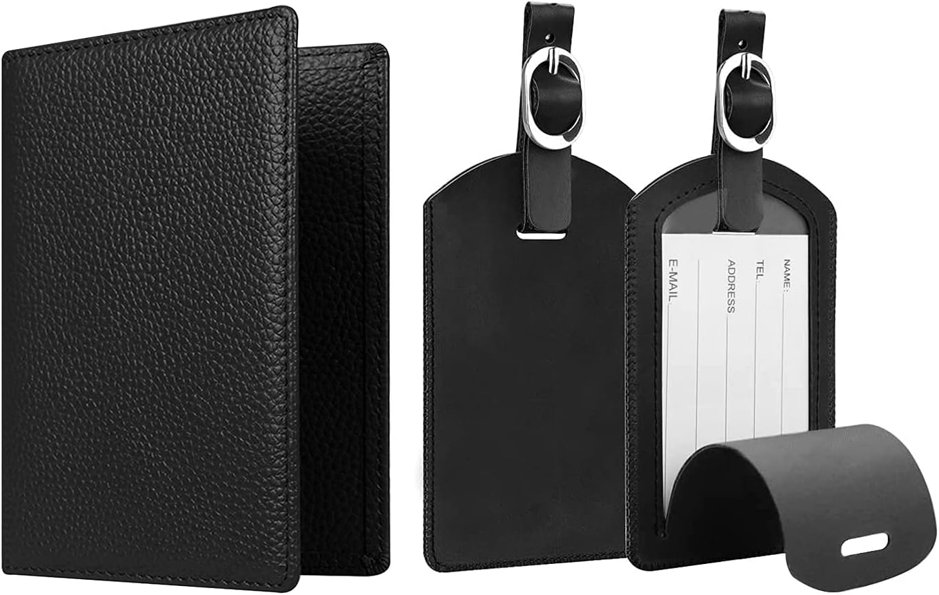 Passport Cover & Genuine Leather Luggage Tag Set - Fintie Travel Passport Organizer Holder with 2 Pcs Bag Suitcase Name ID Labels, Black